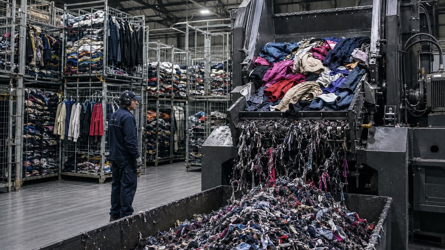 Textile waste being processed at a recycling facility